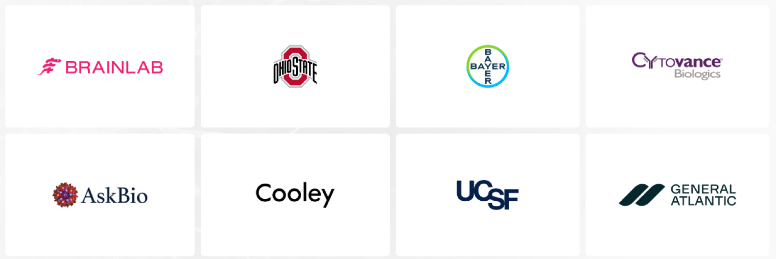 Partners: Brainlab, Ohio State, Bayer, Cytovance Biologics, AskBio, Cooley, UCSF, General Atlantic